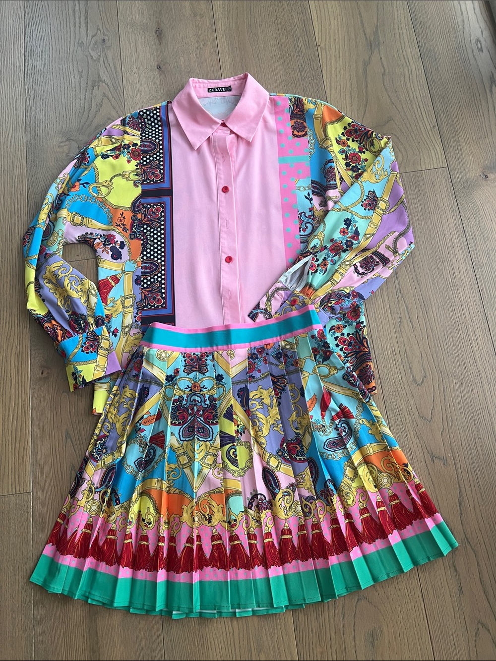 Zcrave set Bright Multi-Color Pleated skirt with shirt. New.